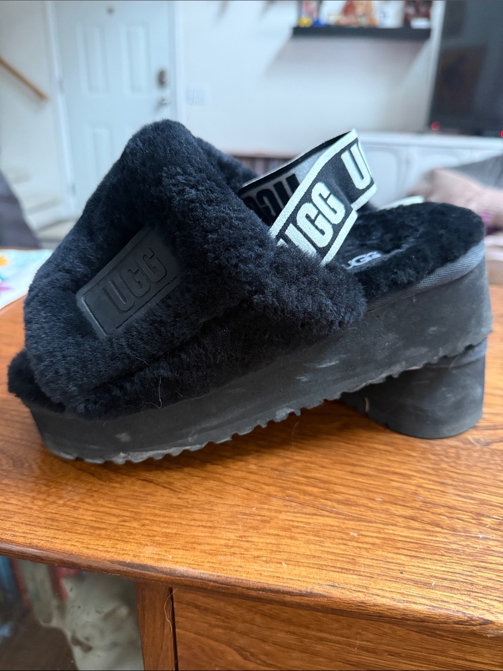 UGG Black Fluff Platform Slingback Mule